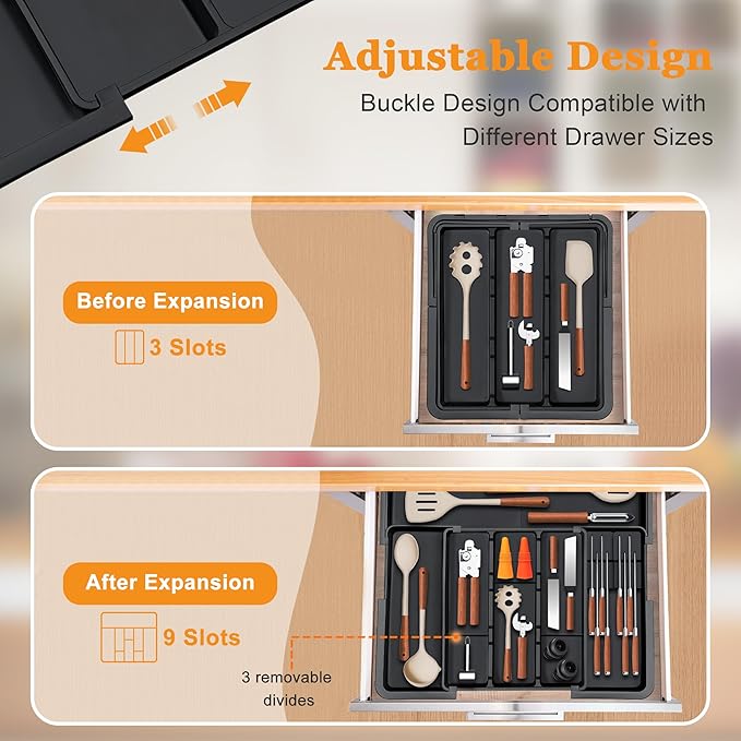 Large Utensil Drawer Organizer for Kitchen, Expandable Silverware Organizer Utensil Holder, Cutlery and Flatware Cooking Tray, Kitchen Drawer Organizers and Storage with Removable Knife Block, Black