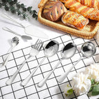 Patelai Serving Utensils Set Include Stainless Steel Large Spoons Slotted Spoons Forks Tongs Soup Ladle and Pie Server for Parties Buffet Catering, Dishwasher Safe(Silver,7 Pieces)