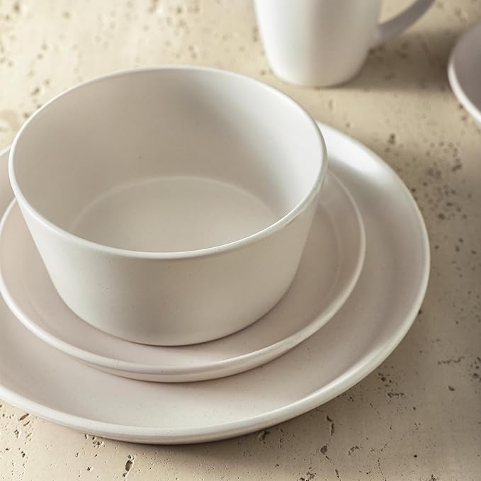 Stone Lain Albie Stoneware 16 Piece Dinnerware Set, Plates and Bowls Sets, Dish Set for 4, White Speckled, Microwave & Dishwasher Safe