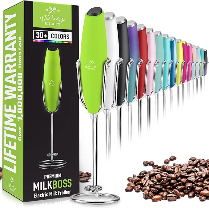 Zulay Kitchen Milk Frother Wand – High-Speed Handheld Frother with Upgraded Stand – Electric Foam Maker with Stainless Steel Whisk