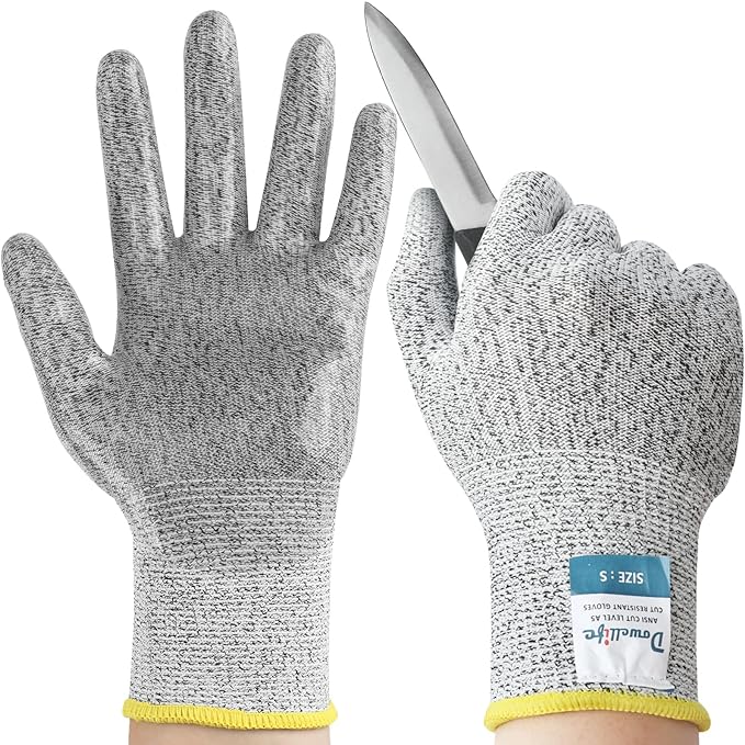 Dowellife Level 5 Cut Resistant Gloves with Silicone Coating, Food Grade Kitchen Knife Safety Gloves, Work Gloves for Chef, Mandoline Oyster Shucking Meat Cutting Wood Carving (Gray Large), Grey