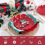 LIYH 50 Pcs Red Plastic Plates Reusable Christmas Plastic Plates Unbreakable Holiday Dinnerware Set Scalloped Plate for Christmas Day,Dishwasher Safe BPA Free (25Guests)