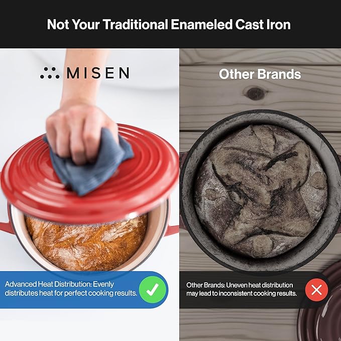 Misen 7 QT Enameled Cast Iron Dutch Oven - Chip-Resistant Enamel Coating - Thick Iron Core For Heat Retention - Large Cooking Surface - Oven Safe, Induction Compatible - Grill and Silicone Lid, Red
