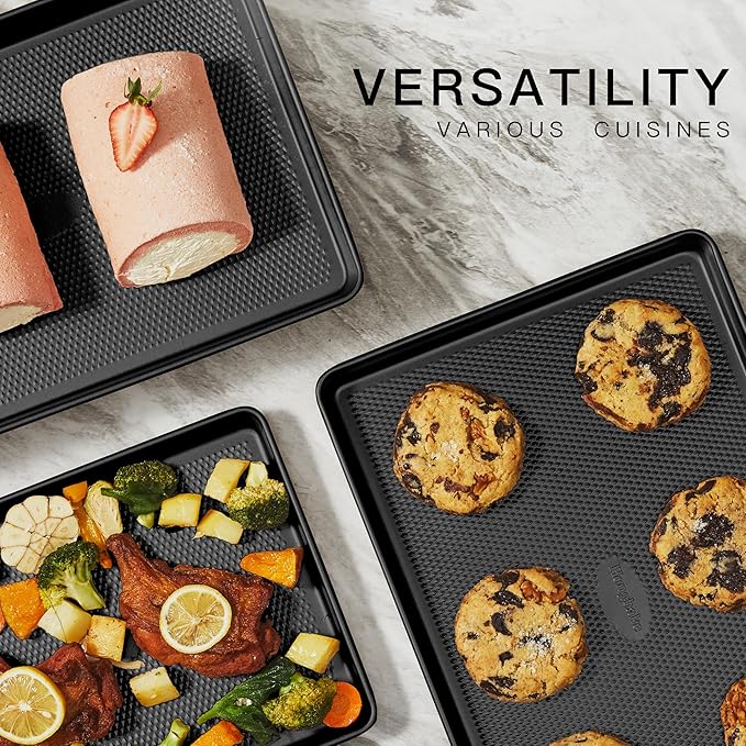 HONGBAKE 2 Pack Jelly Roll Pan Set 15x10, Cookie Sheets for Baking with Diamond Texture, Baking Sheets Non Stick, Non Toxic Oven Trays for Cooking, Heavy Duty 57% Thicker Carbon Steel, Dark Gray
