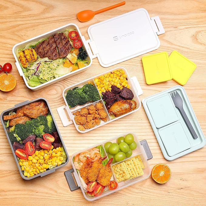 linoroso Stackable Bento Box Adult Lunch Box | Meet All You On-the-Go Needs for Food, Salad and Snack Box, Premium Bento Lunch Box for Adults Include Utensil Set, Dressing Containers - Chalk White