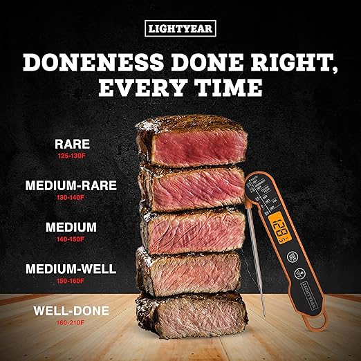 Lightyear Meat Thermometer | Instant Read Cooking Thermometer for Grilling, Roasting & BBQ, Built-in Magnet, IP65 Waterproof, Food-Grade Stainless Steel Temperature Probe