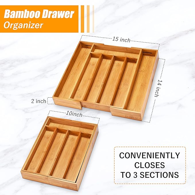 Bellsal Silverware Organizer Kitchen Drawer Organizer Expandable Bamboo Utensil Holder Cutlery Tray for Kitchen Utensil and Flatware Bedroom Office