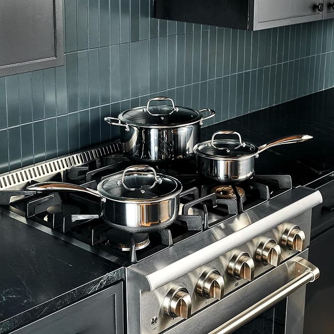 HexClad Hybrid Nonstick 6-Piece Pot Set with 2 Silicone Trivets, 2, 3, and 8-Quart Pots with Tempered Glass Lids, Stay-Cool Handles, Dishwasher-Friendly, Induction Ready, Compatible with All Cooktops