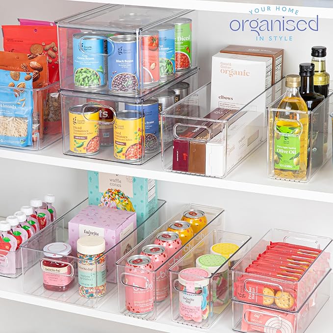 Plastic Food Storage Clear Container Bin with Handles for Organizing Kitchen, Pantry, Refrigerator, Freezer, Pantry, Cabinet, Closet, Bathroom. 14”x4”x5”