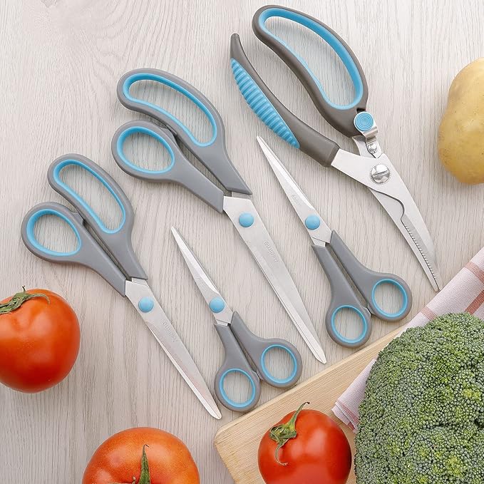 Premium Kitchen Scissors Set, Kitchen Shears, Food-Grade Stainless Steel Blades, Ergonomic Rubber Handle, Include 1 Poultry Shears and 4 All Purpose Scissors, 9.1”/9.6"/8.5"/6.4"/5.4"