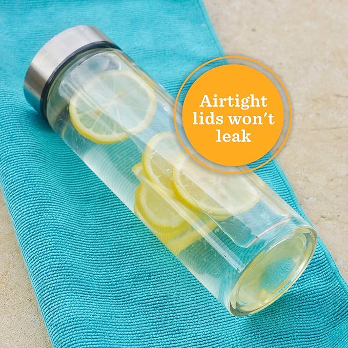 Juice Bottles - 4 Pack Wide Mouth Glass Bottles with Lids - for Juicing, Smoothies, Infused Water, Beverage Storage - 16oz, BPA Free, Stainless Steel Lids, Leakproof, Reusable, Borosilicate