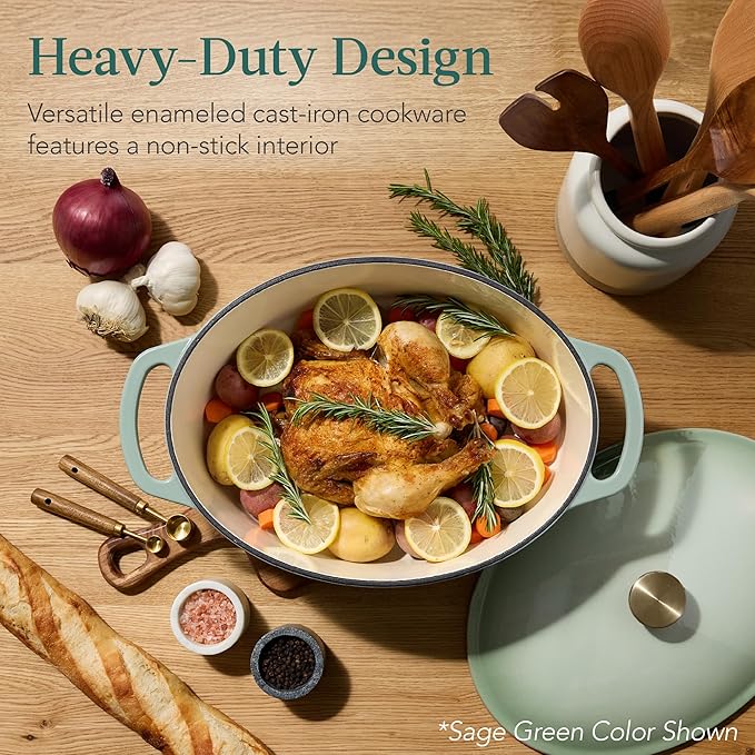 Best Choice Products Oval 7.5 Quart Enamel Cast-Iron Dutch Oven, Heavy-Duty Pre-Seasoned for Baking, Cooking w/Side Handles – Vanilla Buttercream