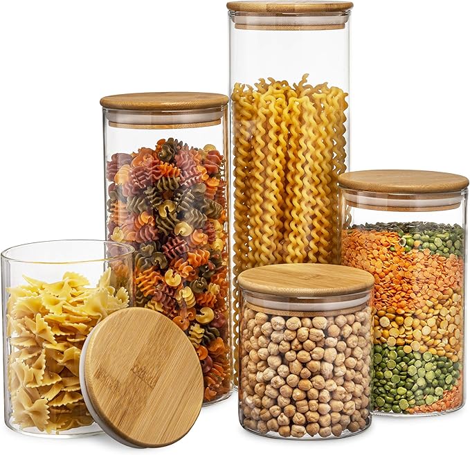Set of 5 Glass Kitchen Canisters with Airtight Bamboo Lid - Glass Storage Jars for Pantry Organization and Bathroom for Flour, Coffee, Cookie Jar, Candy, Snack, Pasta, Rice, Sugar Packet Holder