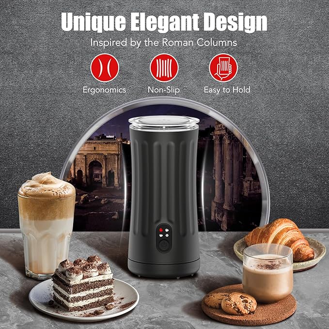 Milk Frother, Upgraded 4-in-1 Milk Frother and Steamer, Hot and Cold Foam Maker and Milk Warmer with Temperature Control & Auto Shut-Off, Frother for Coffee, Latte, Cappuccino, Matcha(Black)
