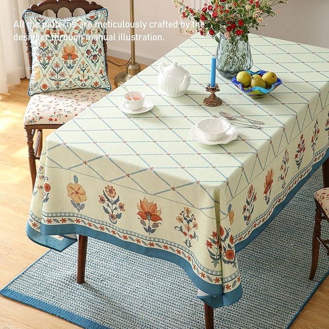 ISAENNE Designer Linen Floral Extra Long Rectangle Tablecloth,Light Green Farmhouse Durable Table Cloth,Washable Decor Tablecloths for Dining Kitchen Thanksgiving Christmas,63"*110"-Floralsea B