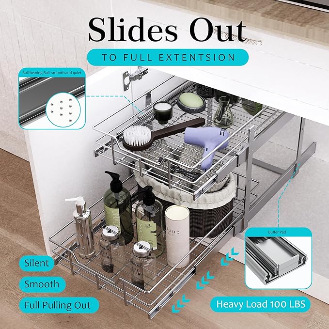2 Tier Pull Out Cabinet Organizer 15" W X 22" D, Slide Out Drawers For Kitchen Cabinets, Pull Out Drawers For Cabinets Capacity Heavy Duty Caddy, Cabinet Pullout Shelves Chrome-Plated,Bathroom Pantry