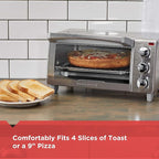 BLACK+DECKER 4-Slice Toaster Oven, TO1745SSG-1A, Even Toast, 4 Cooking Functions Bake, Broil, Toast and Keep Warm, Removable Crumb Tray, Timer