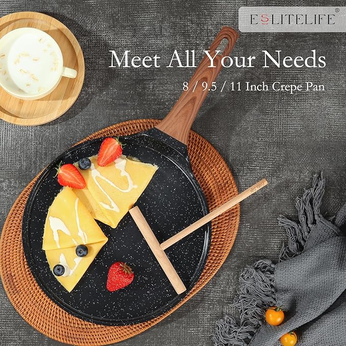 ESLITE LIFE 11 Inch Crepe Pan with Spreader, Nonstick Ceramic Flat Skillet Dosa Tawa Comales Para Tortillas Pancake Pan, PTFE & PFOA Free, Black
