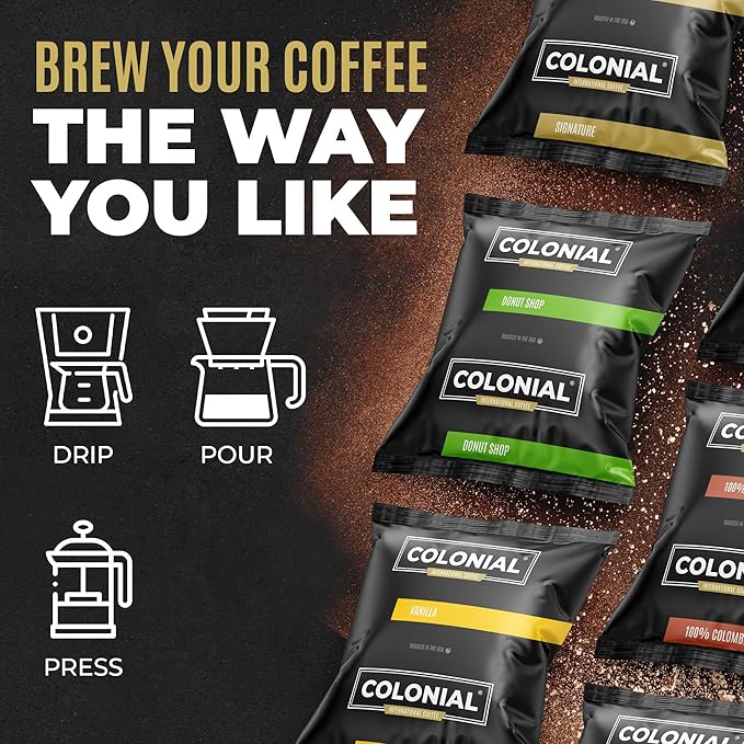 Colonial Coffee 12 Count Single Pot Coffee Packets – Assorted Variety Pack, Medium & Dark Roast Blends | Pre-Measured Frac Packs for 12 Cup Maker | Bulk Ground Gourmet Coffee for Home & Office