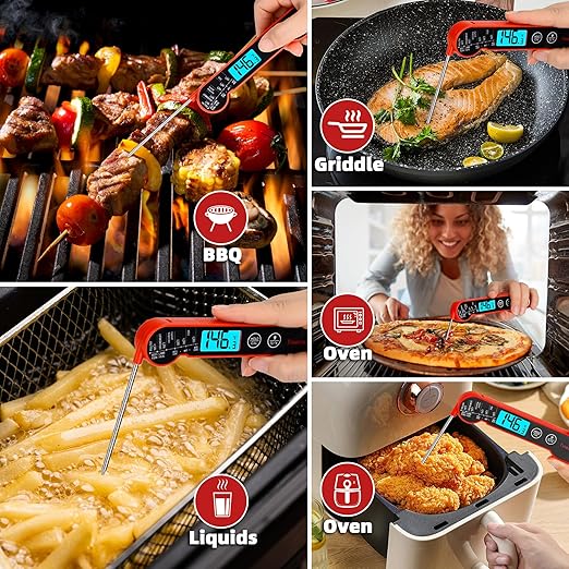 Digital Meat Thermometer for Cooking – Waterproof Instant Read Food Thermometer with Backlight & Calibration, Fast Read, Folding Probe for BBQ, Grill, Candy, Deep Fry, Kitchen, Liquids, Beef（Red）