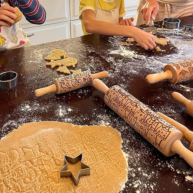 CHRISTMAS FEST 3 Mini Embossed Rolling Pin Set. Wooden Laser Engraved Textured rolling pins for Cookies, Modeline, Ceramic with Skulls, Bats, Halloween by Algis Crafts