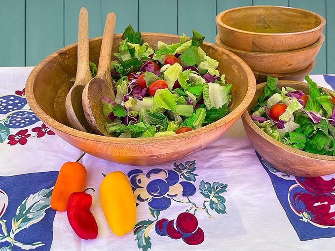 Large Wooden Salad Bowl Set - 1/2" Thick Mango Wood Serving Bowl with Utensils, Rustic Wooden Mixing Bowls, Decorative Kitchen Dinnerware for Popcorn, Pasta, & Chips, Dishes - 12 Inch