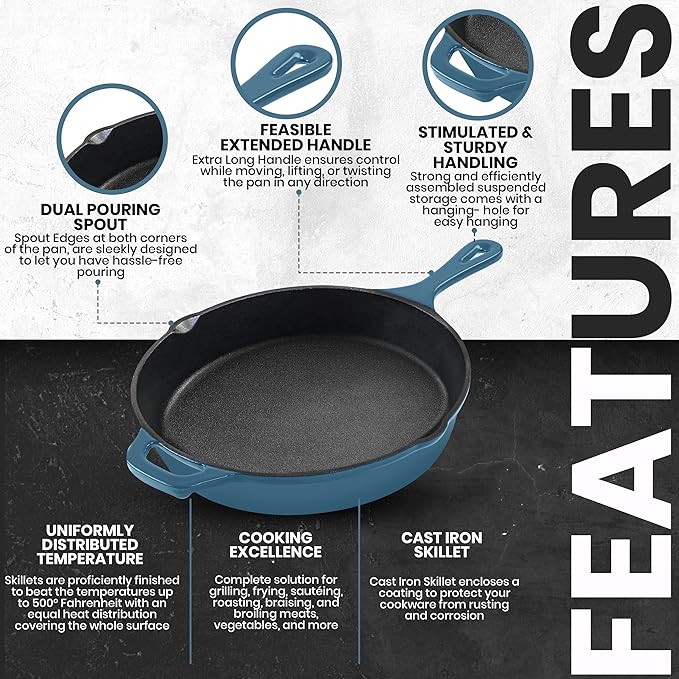 Utopia Kitchen Cast Iron Frying Pan 12 Inch, Cast Iron Chefs Pan, Pre Seasoned Skillet, Safe Grill Cookware for Indoor & Outdoor Use, Teal