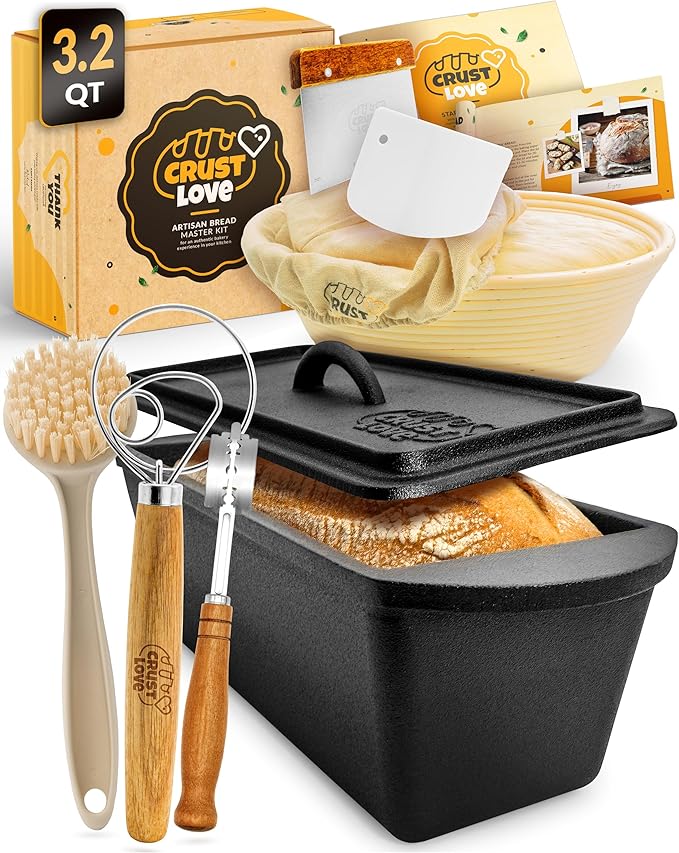 Rectangular Cast Iron Dutch Oven for Bread Baking - incl. Sourdough Bread-Baking Supplies - 3.2QT Bread-Pan for Homemade-Bread, Sour dough Bread-Pans with Lid, Bread-Oven, Bread-Baking-Pan