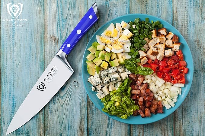 DALSTRONG Chef Knife - 8 inch Blade - Gladiator Series - Forged High Carbon German Steel - Razor Sharp Kitchen Knife - Professional Full Tang Knives - Blue Handle ABS - Sheath - NSF Certified