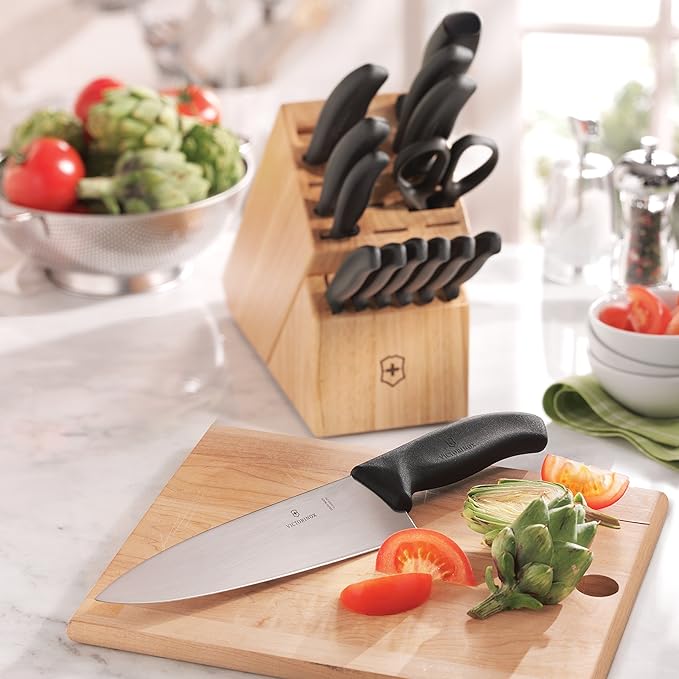 Victorinox Swiss Classic Knife Block - Kitchen Knife Set with Block for Home Essentials - Includes Chef's Knife, Santoku Knife & More - Black Handles, 15-Piece Set