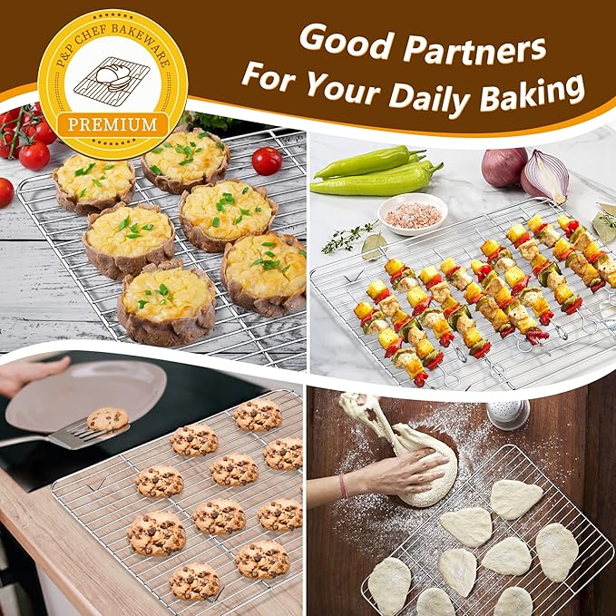 P&P CHEF 16 Inch Stainless Steel Baking Sheet with Rack Set (2 Pans+ 2 Racks), Cookie Sheets Baking Trays and Cooling Wire Racks, Oven & Dishwasher Safe, Pans with Flat Racks