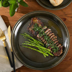 Gibson Elite 12 Piece (Service for 4) Lakecrest Plates and Bowls Reactive Glaze Round Dishes Stoneware Ceramic Dinnerware Set - Dark Green
