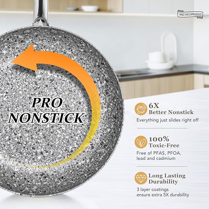 MICHELANGELO 10 Inch Frying Pan with Lid, Nonstick Frying Pan with Non Toxic Granite Coating, 10 Inch Stone Skillet, Non Stick Frying Pans for Cooking, Induction Compatible