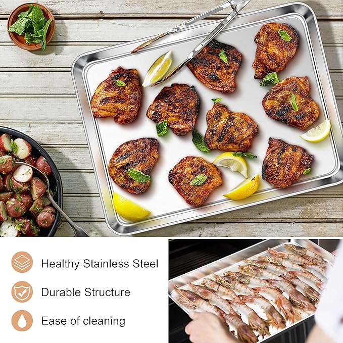 E-far Stainless Steel Baking Sheet, 16” x12” x 1” Baking Cookie Sheet Pan for Oven, Non-toxic Metal Trays for Baking Cake Cookie, Healthy & Rust Free, Mirror Finish & Dishwasher Safe, 1 Pack