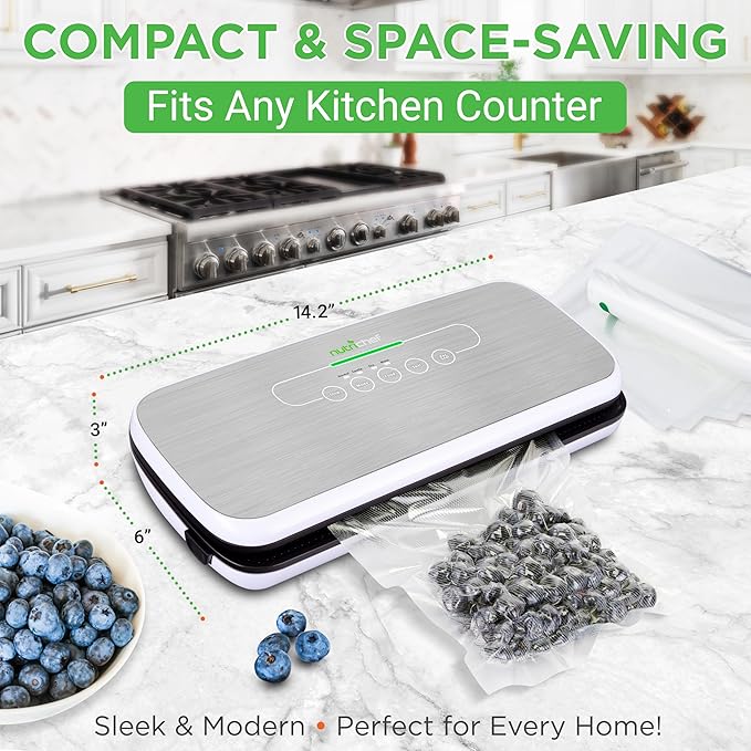 NutriChef Automatic Food Vacuum Sealer, Electric Air Sealing Preserver System for Dry and Moist Foods, LED Control, Strong Suction, Includes Bags, Wine Stopper Cork, and Air Suction Hose, 14”x6”x3”