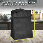 DISCOUNT PROMOS 10 Hook and Loop Insulated Lunch Bags Set - Polyester, Durable, Vibrant, Reusable - Black