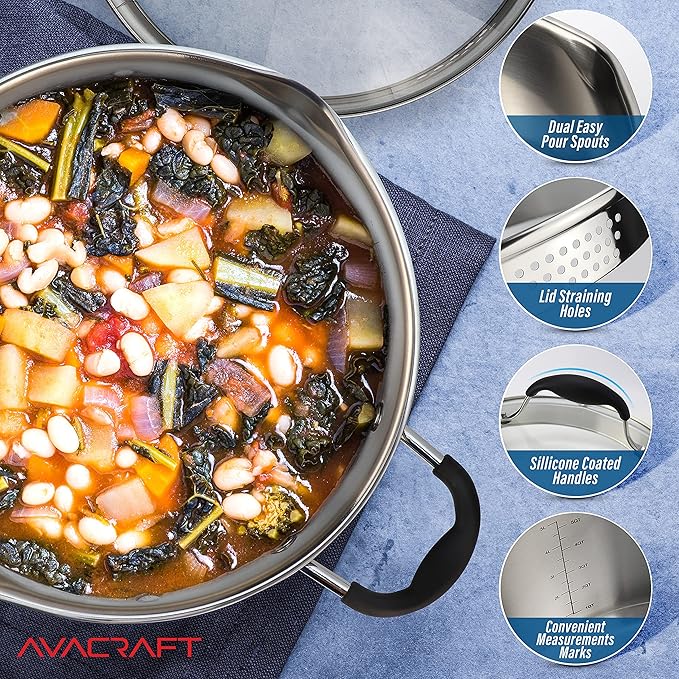AVACRAFT Stainless Steel Stockpot with Glass Strainer Lid, 6 Quart Stock Pot, Soup & Saucepan Cookware, Side Spouts, Multipurpose, Induction Pan, (5-Ply Capsule Bottom, 6QT)