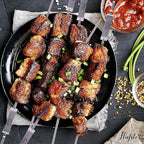 "FLAFSTER KITCHEN BBQ Skewers for Grilling - 16" Stainless Steel Flat Kebab Sticks with Push Bar, Reusable Metal Shish Kabob Skewers, Set of 6"